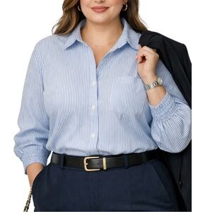 Blue & White Pinstripe Button-Down Shirt | Cotton-blend | Relaxed Fit | XL